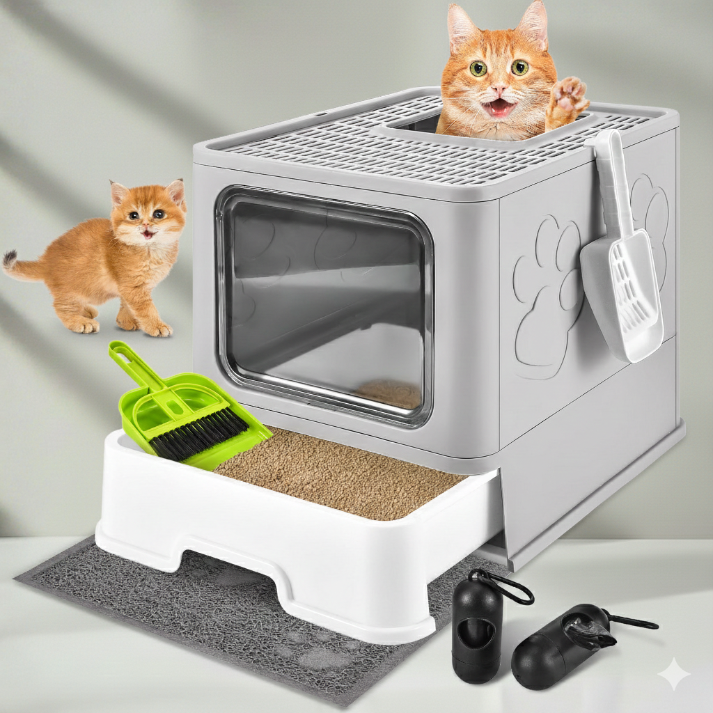 Foldable Cat Litter Box Front Entry Top Exit Enclosed Toilet
