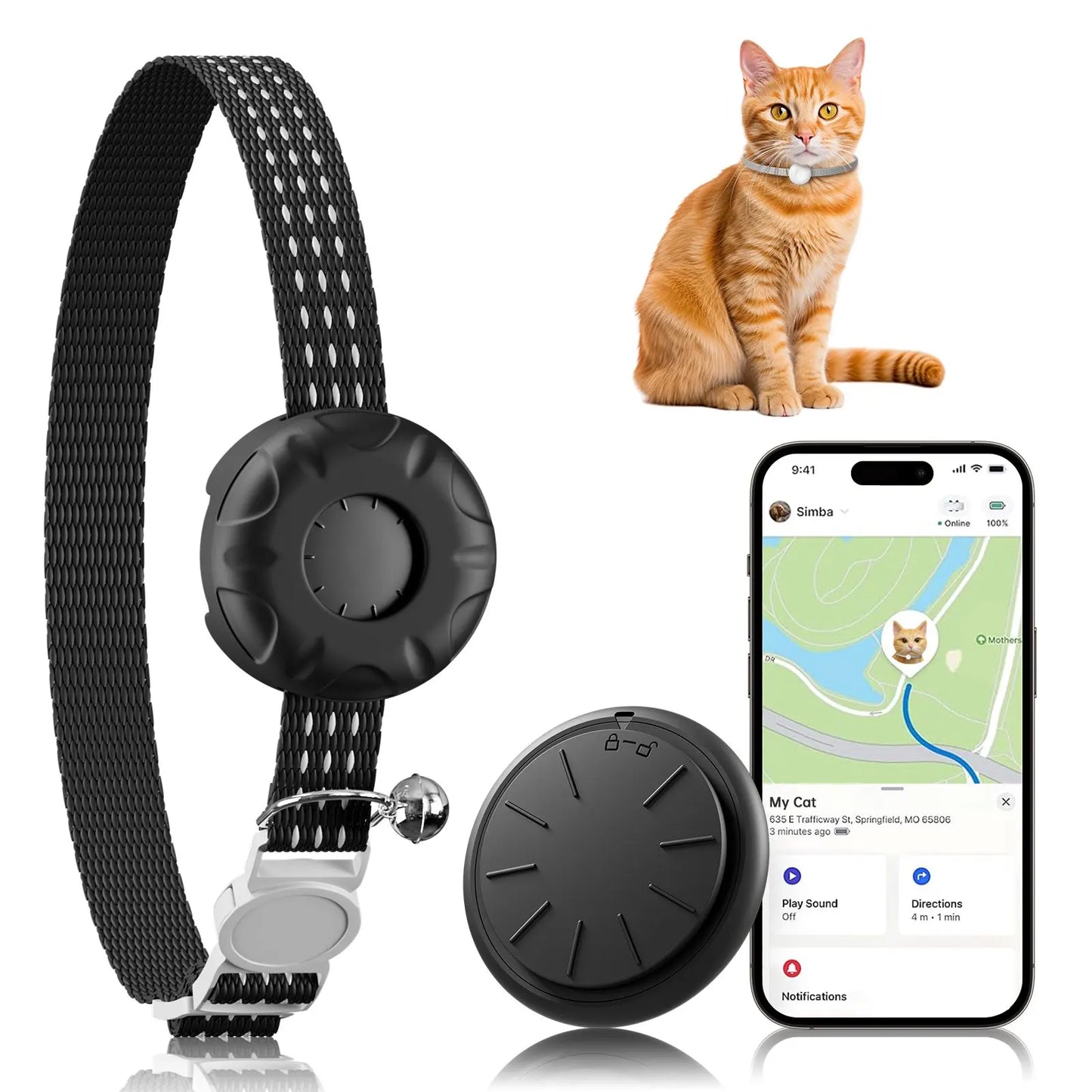 Waterproof GPS Pet Tracker Collar for Cats iOS No Monthly Fee