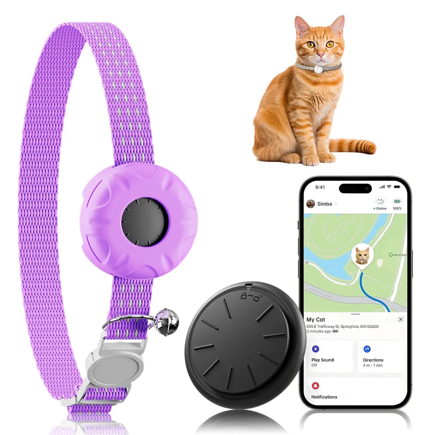 Waterproof GPS Pet Tracker Collar for Cats iOS No Monthly Fee