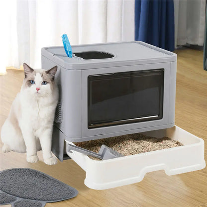 Foldable Cat Litter Box Front Entry Top Exit Enclosed Toilet