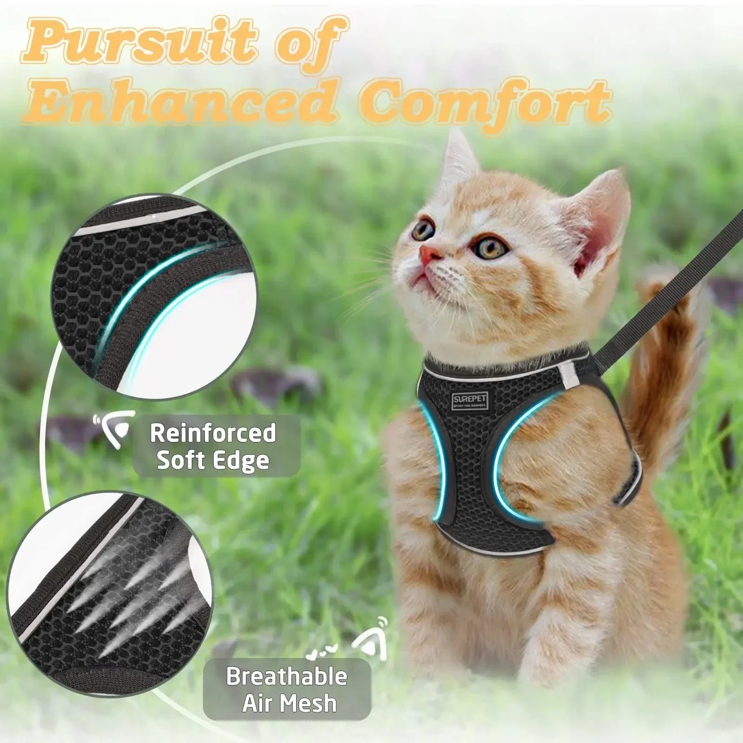 Adjustable Cat and Kitten Harness with Leash Reflective Mesh