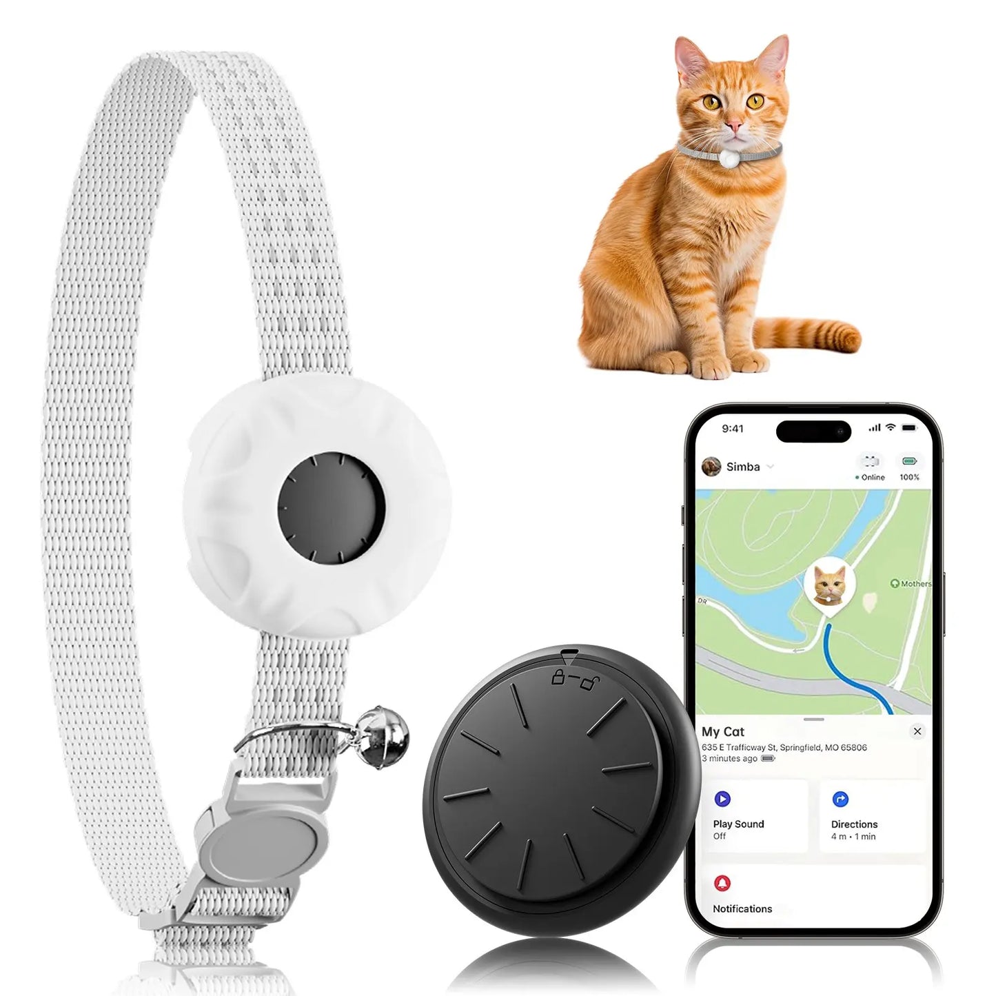 Waterproof GPS Pet Tracker Collar for Cats iOS No Monthly Fee