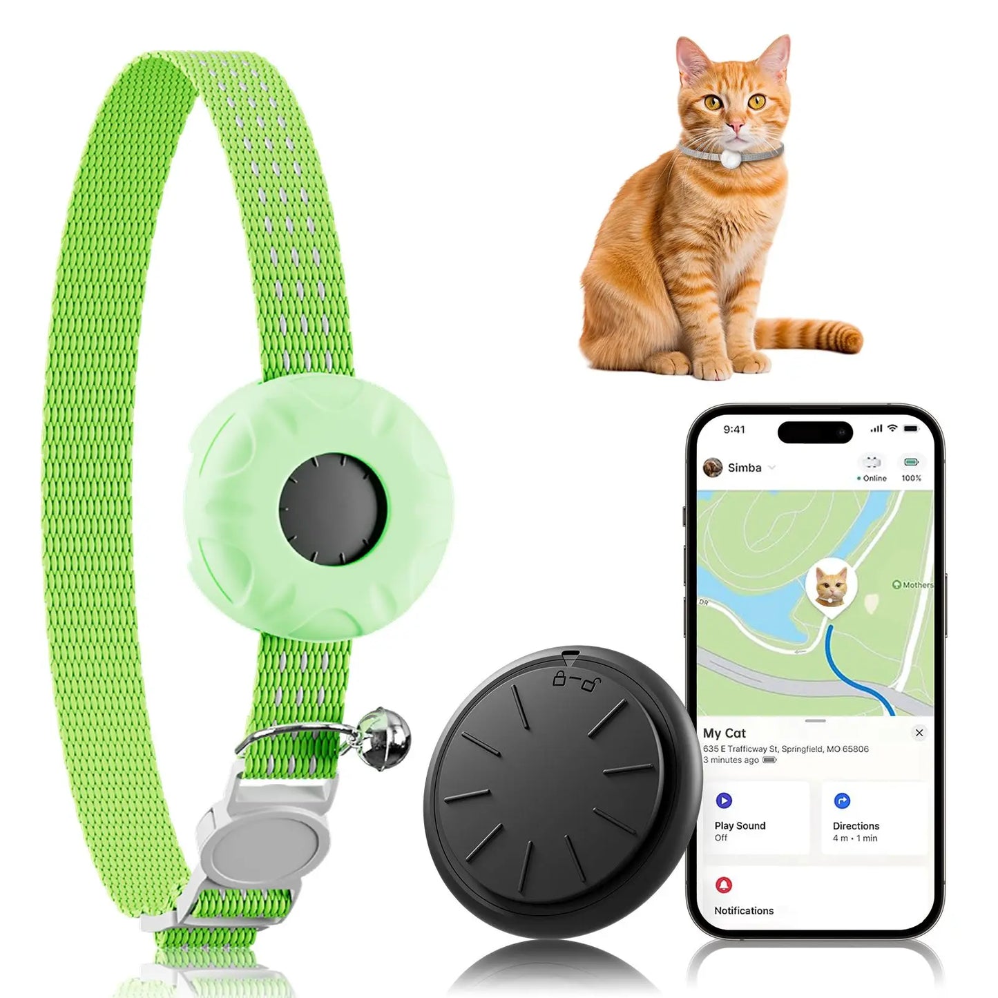 Waterproof GPS Pet Tracker Collar for Cats iOS No Monthly Fee